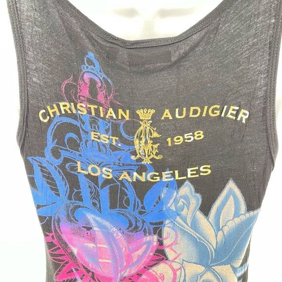 Christian Audigier ruched bling long line tank top black Extra Small - Picture 7 of 11